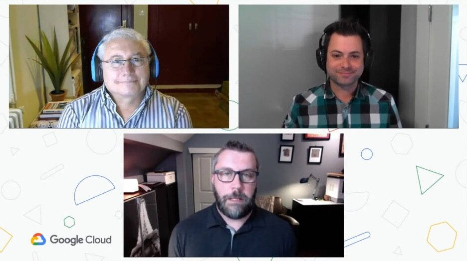 Three people appear in separate video frames as part of a Google Cloud online panel—two speakers at the top (a man with gray hair and headphones on the left, and a clean-cut man in a plaid shirt and headphones on the right), with a third man.